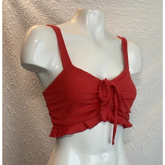 Billabong Red Mimi Bralette soft rib knit Ruffle tie detail Crop Top Size Medium - Picture 2 of 14
